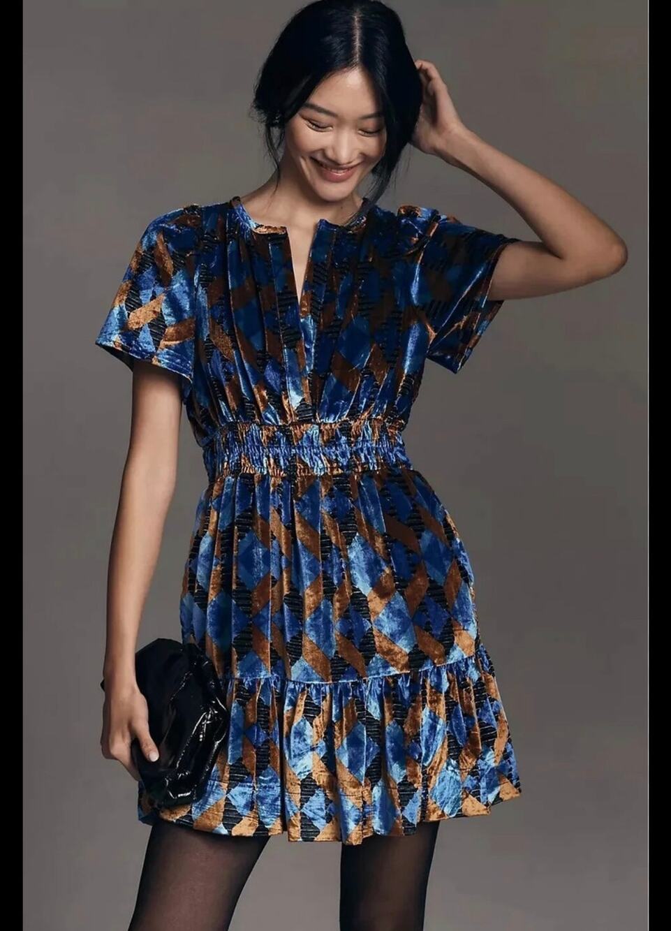 ANTHROPOLOGIE  The Somerset Mini Dress: Velvet Edition Blue Brown Size Large